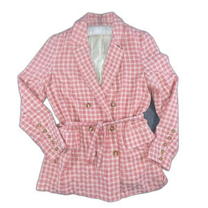 Free People Olivia Gingham Blazer Pink Plaid Double Breasted Tie Waist Jacket Sm